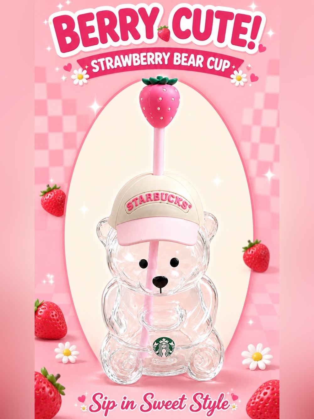 Starbucks GLASS Strawberry Bear Cup - Clear & Pink